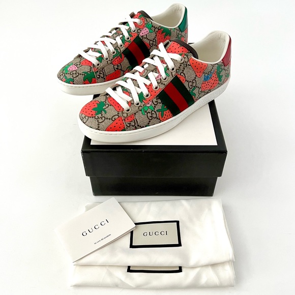 Gucci Shoes - GUCCI || Ace Strawberry GG Supreme Monogram Web Striped Sneakers US 8 EU 38